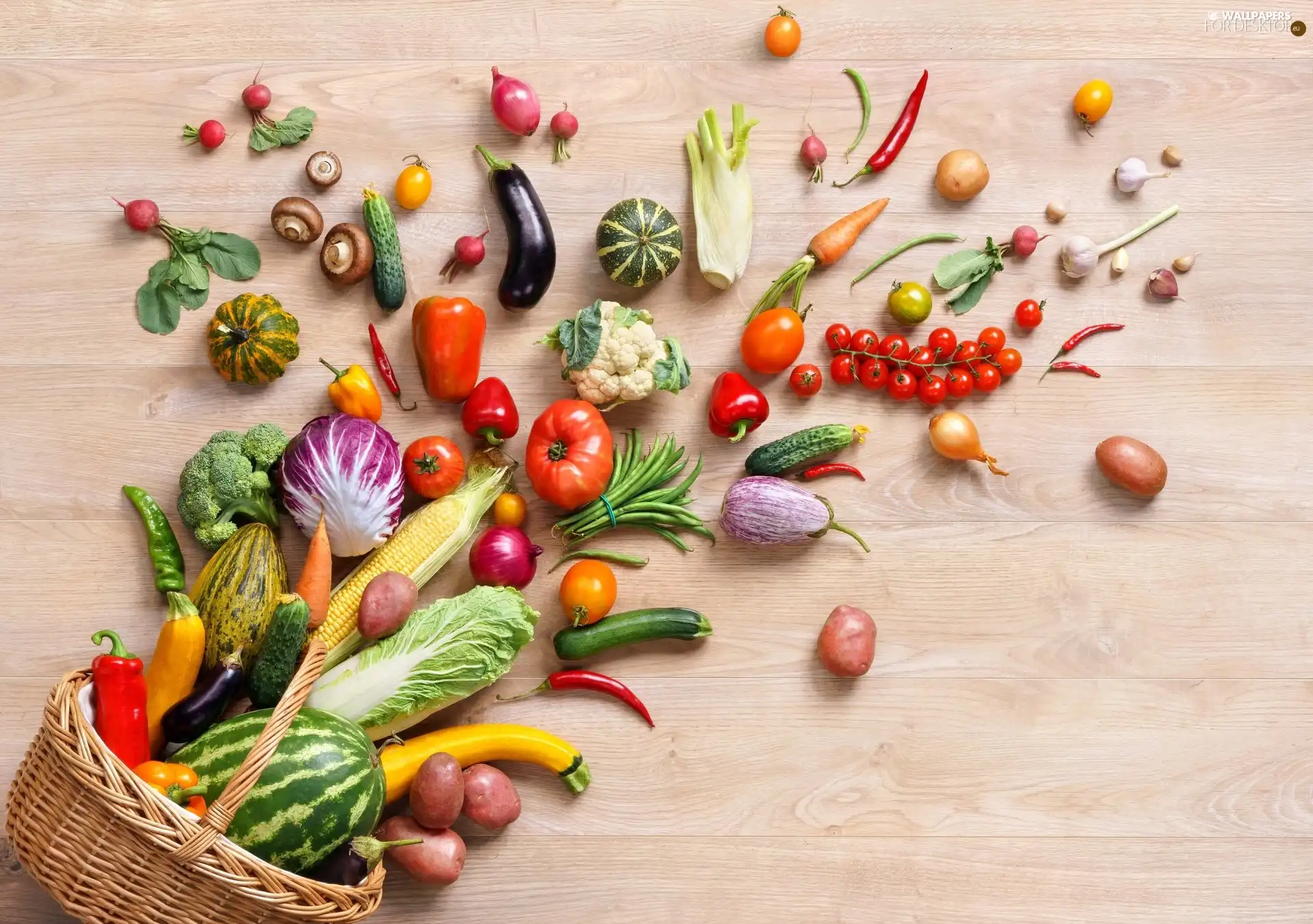 basket, scattered, vegetables