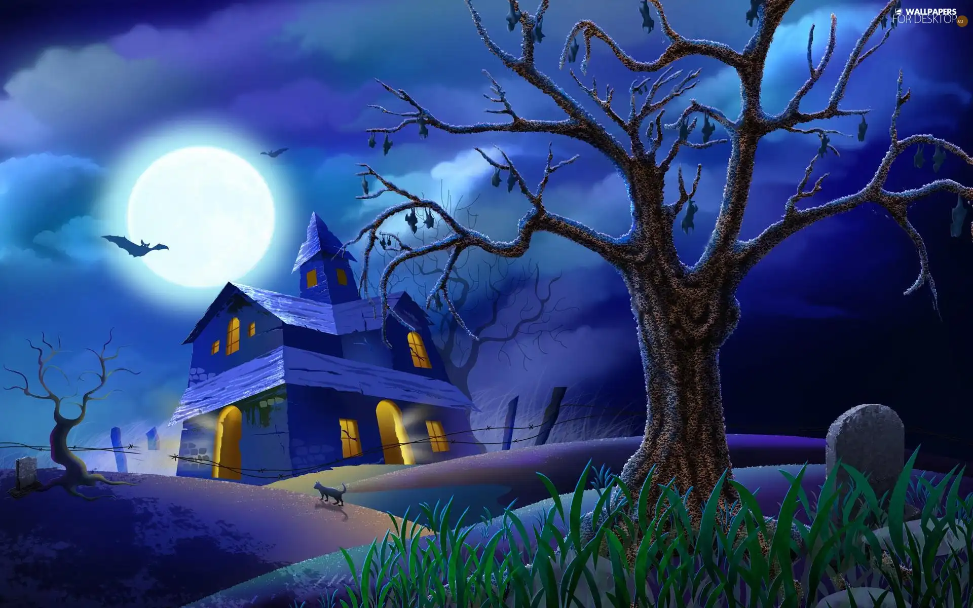 bats, trees, house