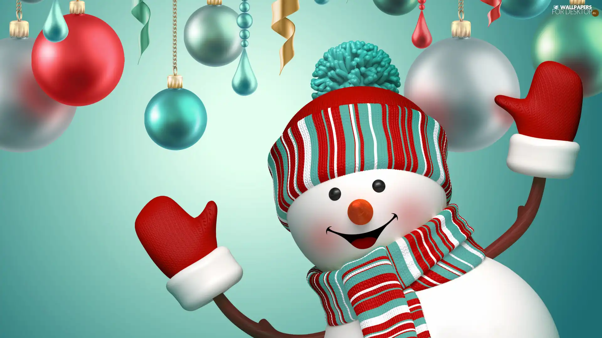 Hat, smiling, Gloves, baubles, Scarf, Snowman