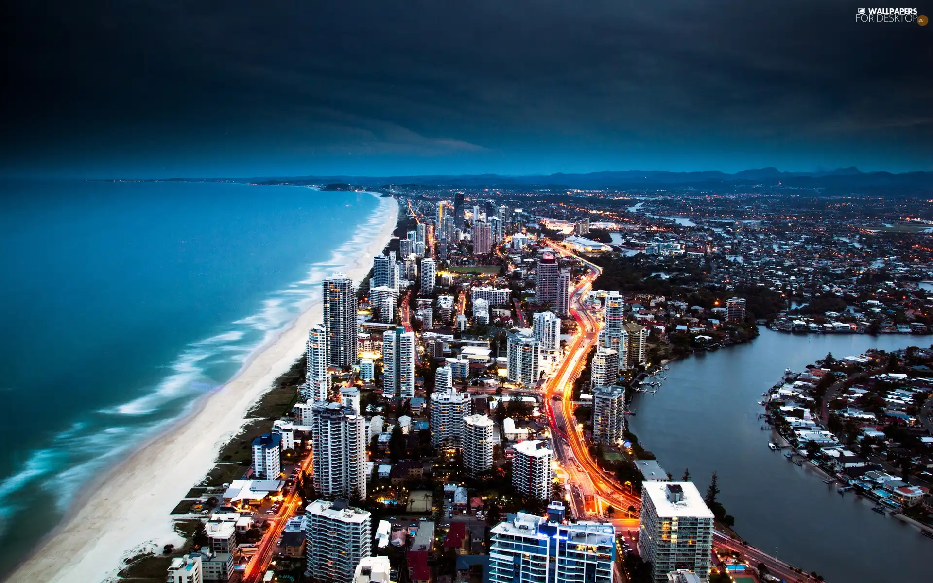 Beaches, buildings, clouds, sea, skyscrapers