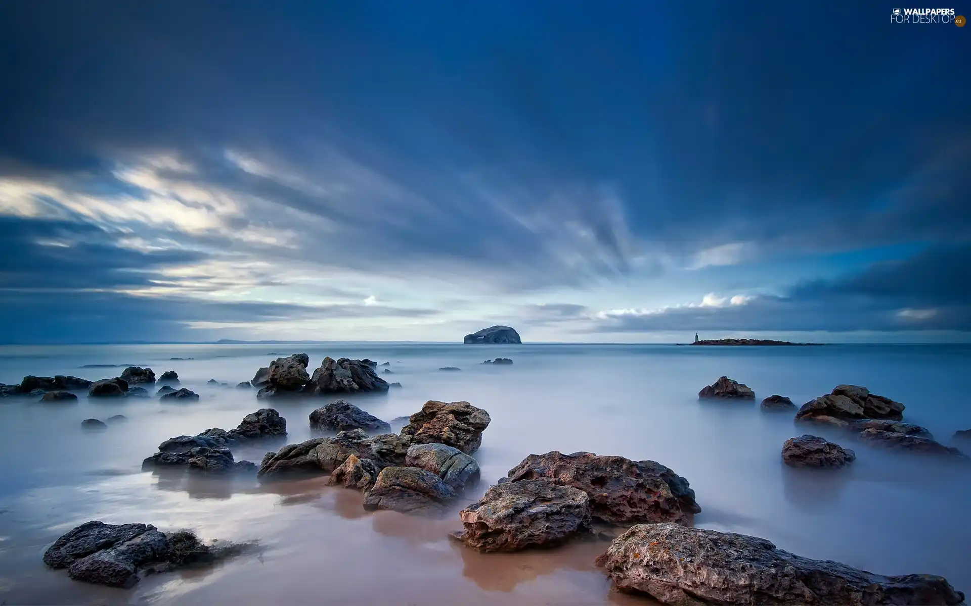 Stones, clouds, Beaches, sea