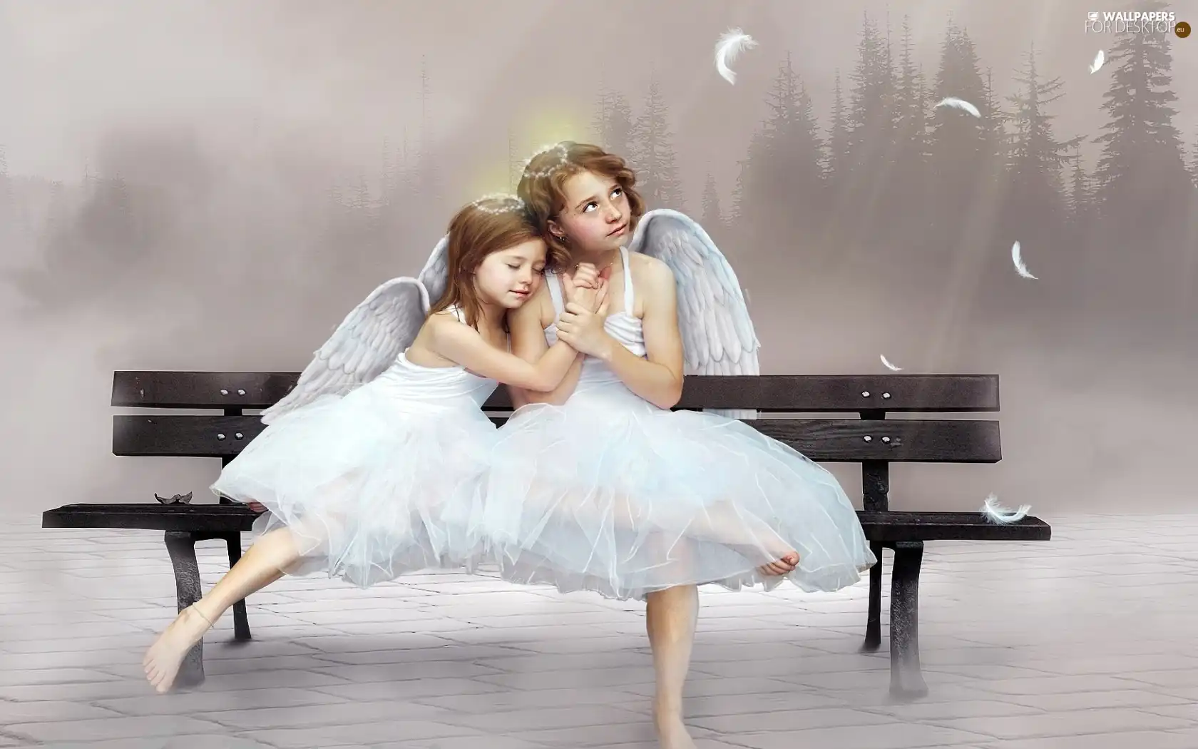 Bench, Kids, angels