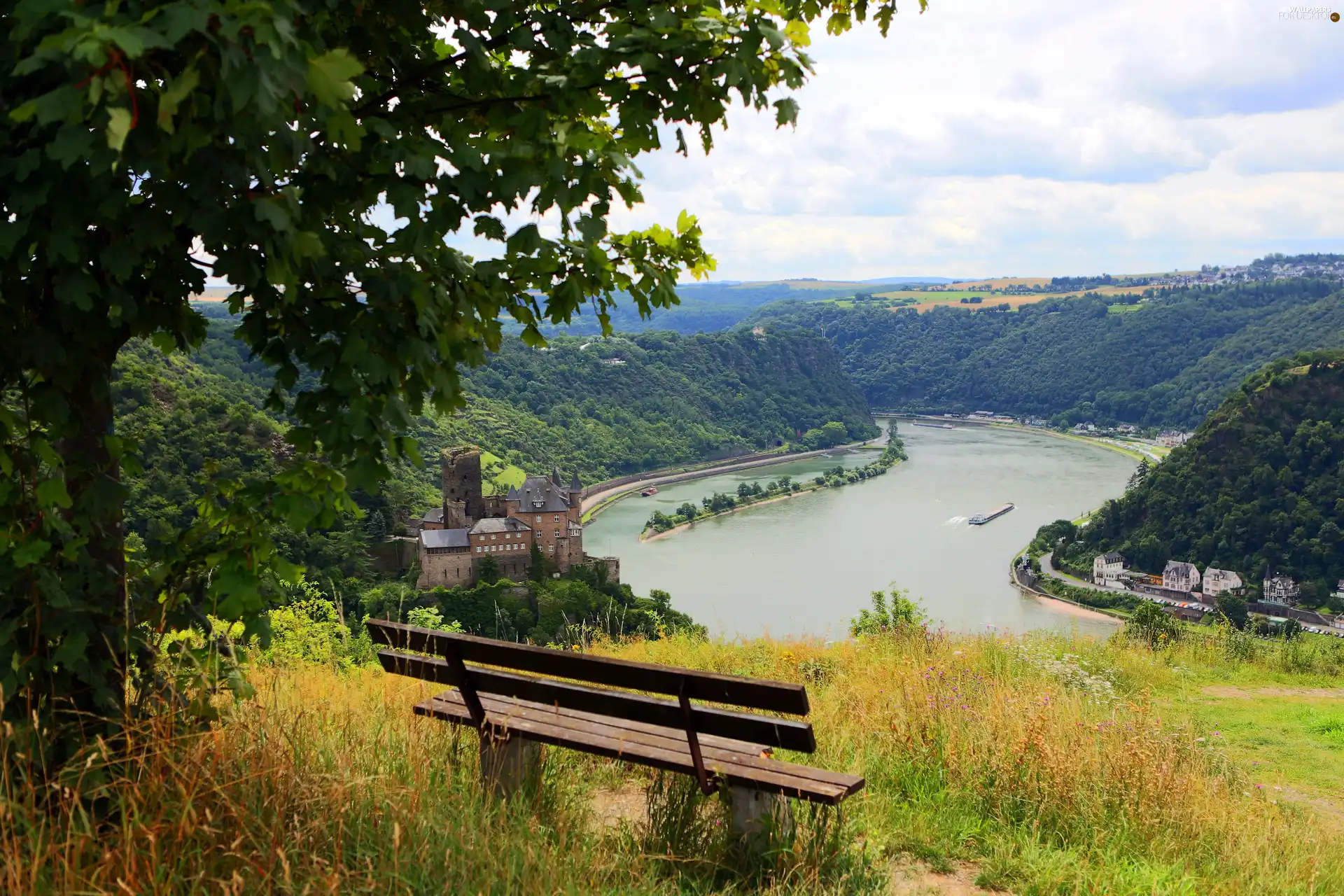 Bench, autumn, Mountains, woods, River