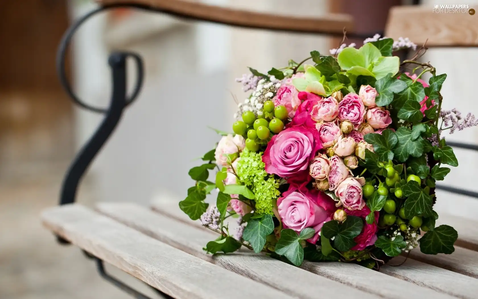 bouquet, roses, Bench, flowers