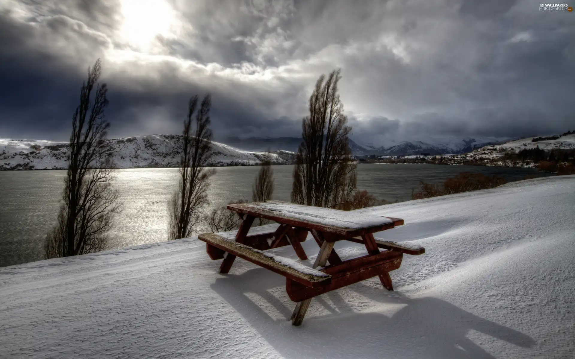 clouds, River, Bench, Mountains
