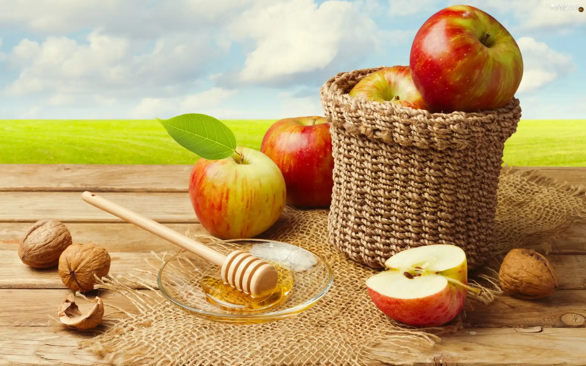 Bench, composition, nuts, honey, apples