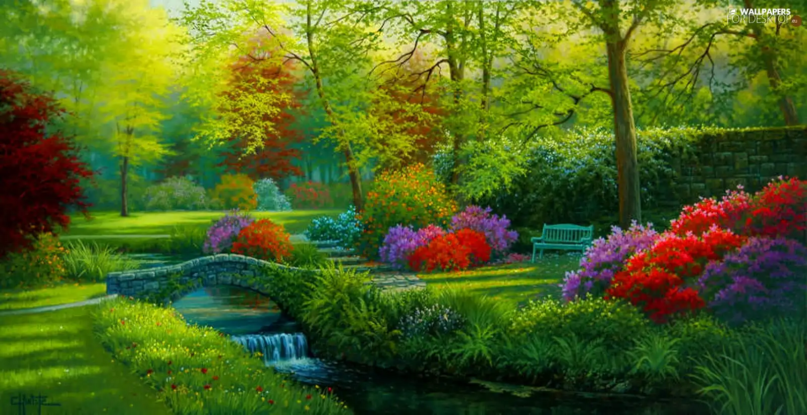 Bench, Flowers, brook, bridges, Park