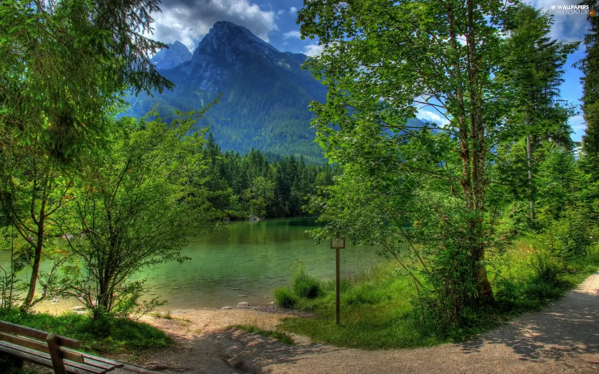 Mountains, woods, Bench, River