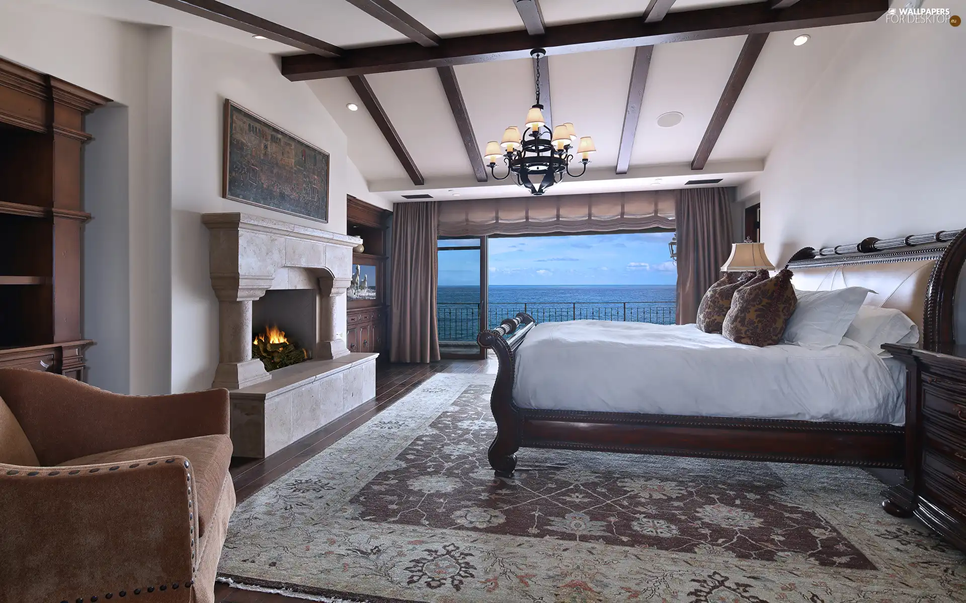 White Bed, Bedroom, pillows, burner chimney, Big, Window, Armchair, carpet, Lamps