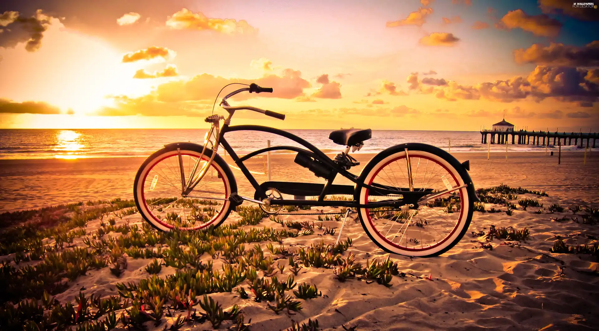 sea, clouds, Bike, Beaches