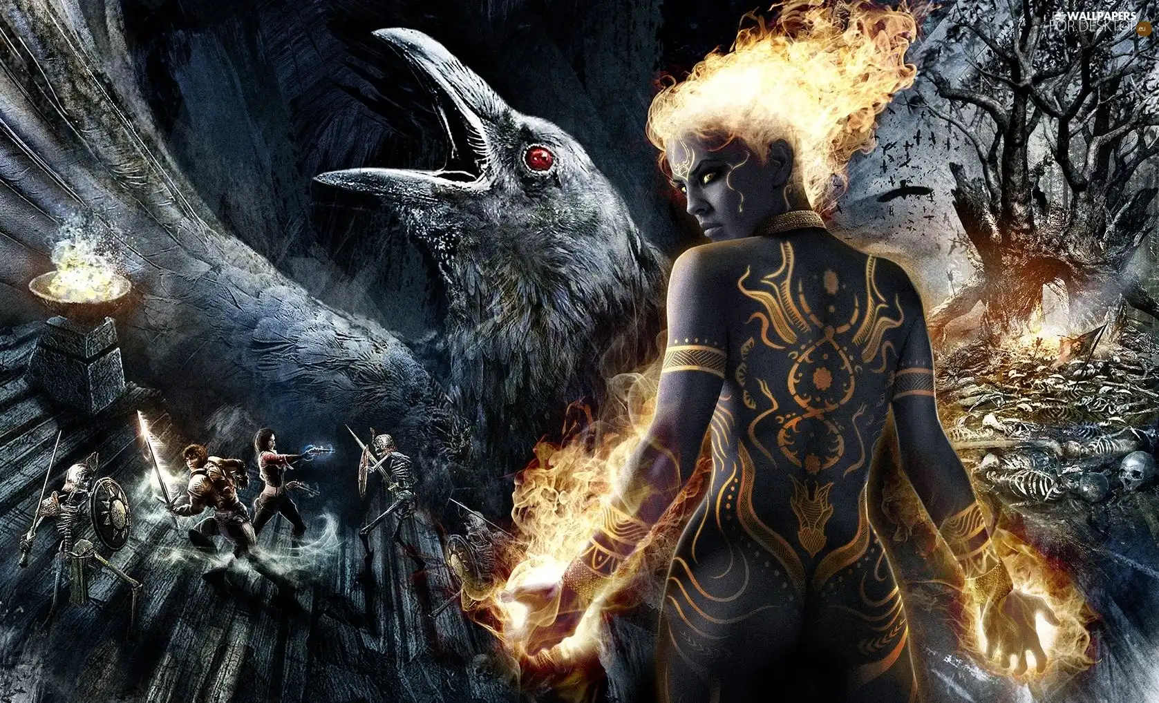 Bird, Women, Flames