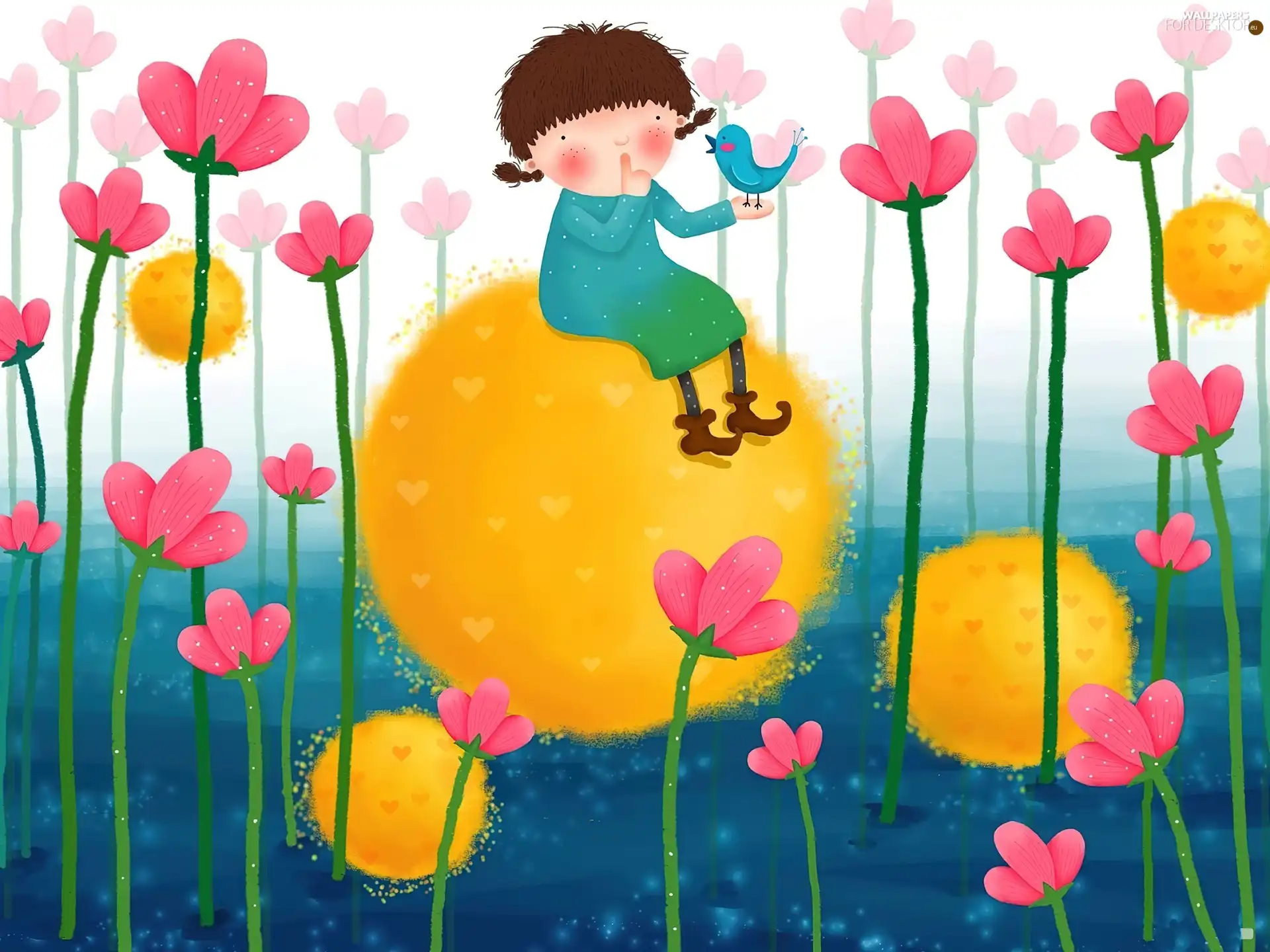 Kid, Flowers, birdies, Meadow