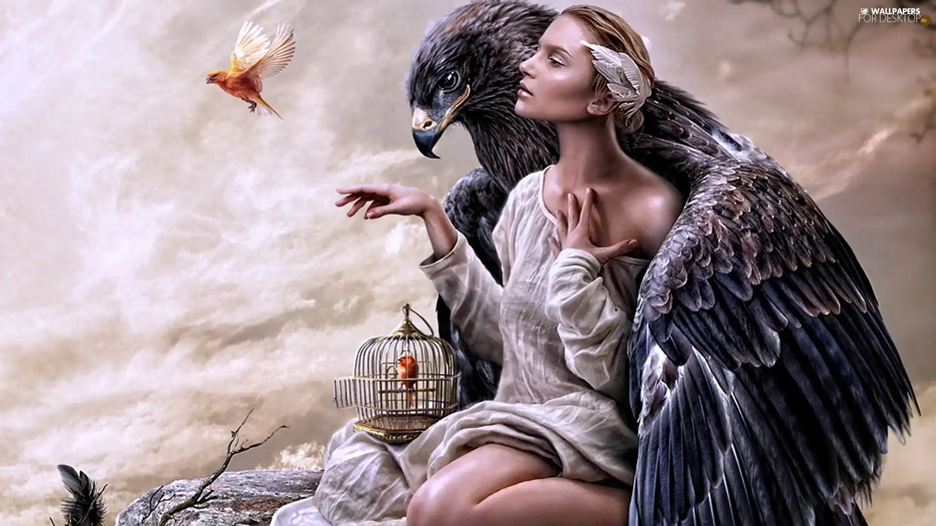 Women, Cage, birds, eagle