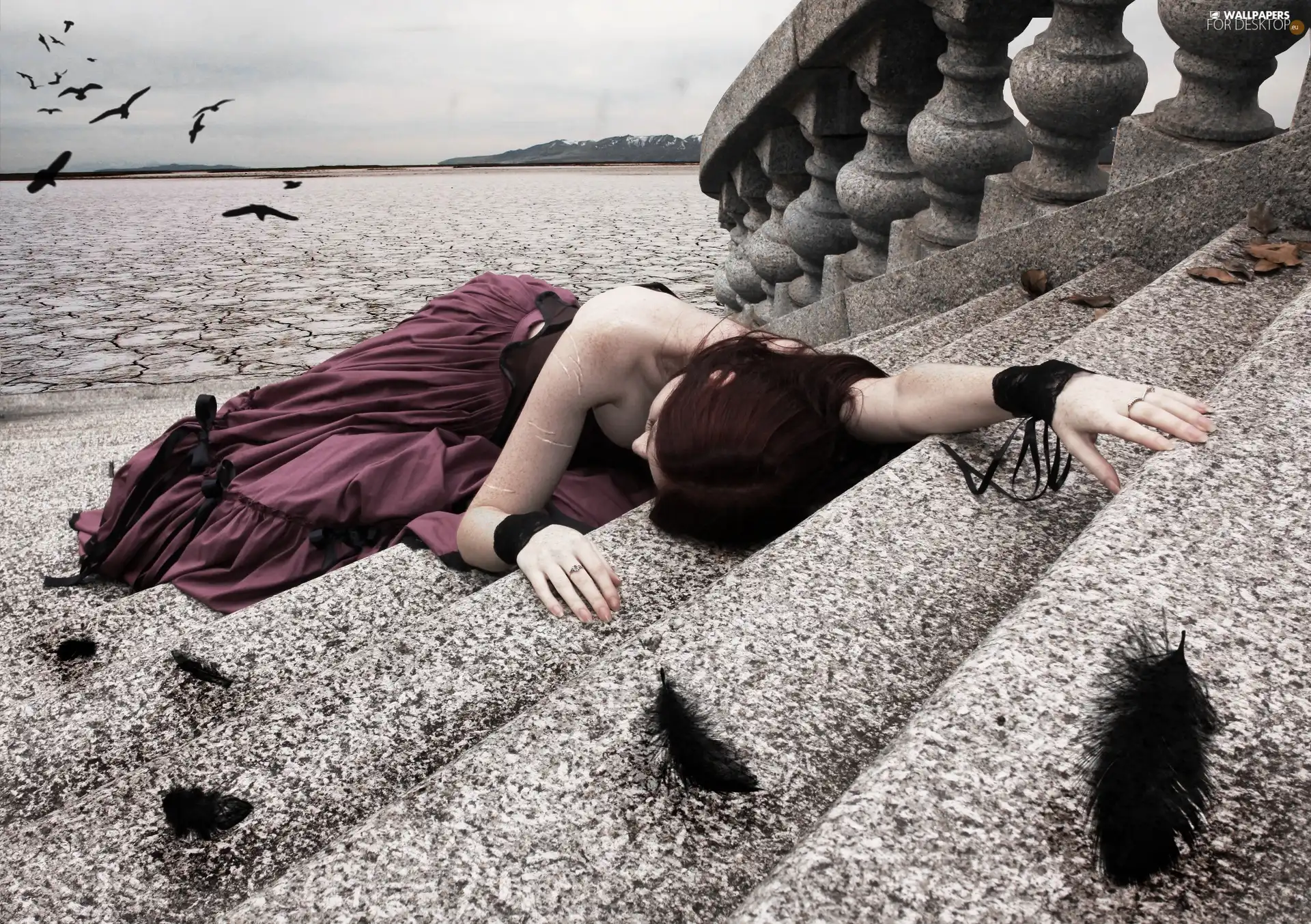 Women, feather, birds, Stairs