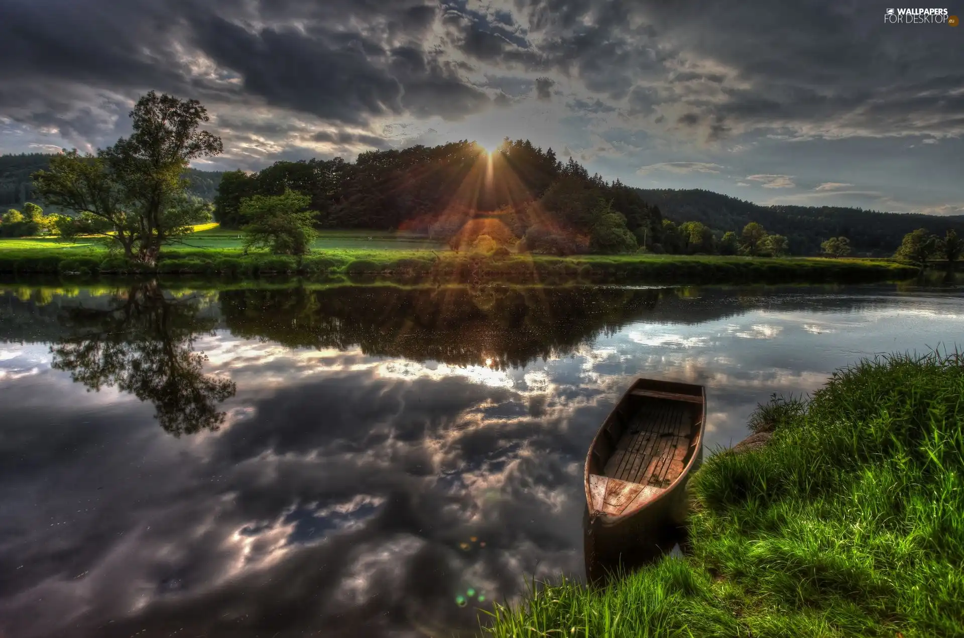 River, sun, Boat, west