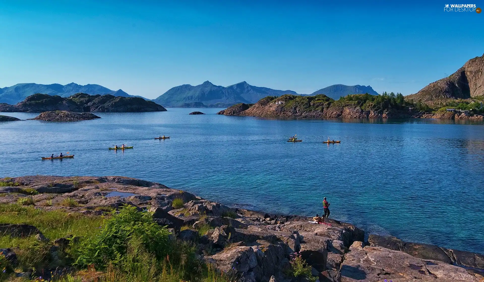 boats, sea, Mountains