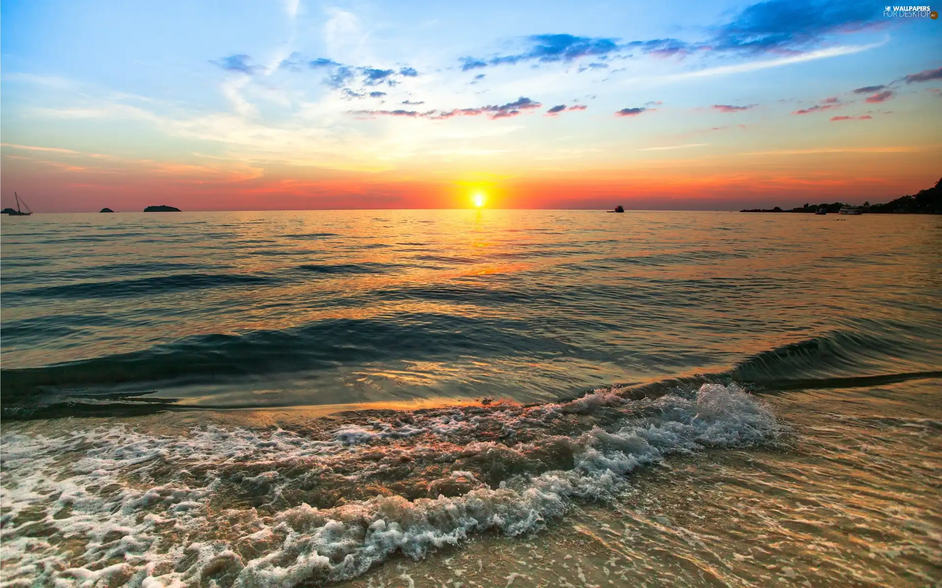 vessels, Waves, west, Island, sea, Boats, sun