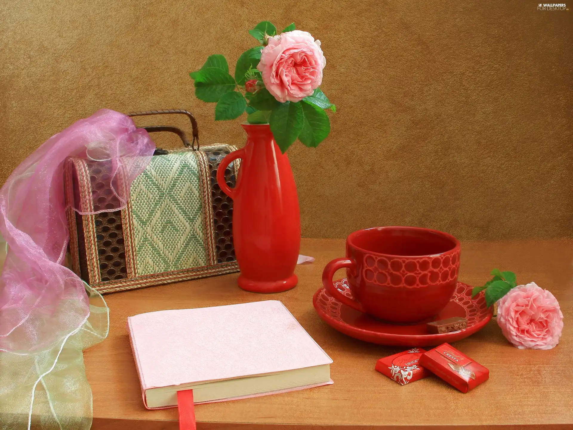 Book, Chocolates, roses, china, Pink