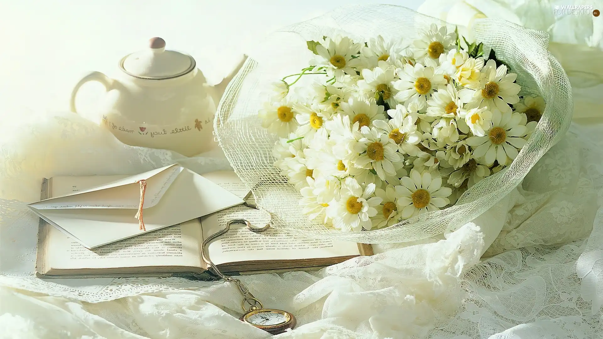 White, White, note-book, pen, china, daisy