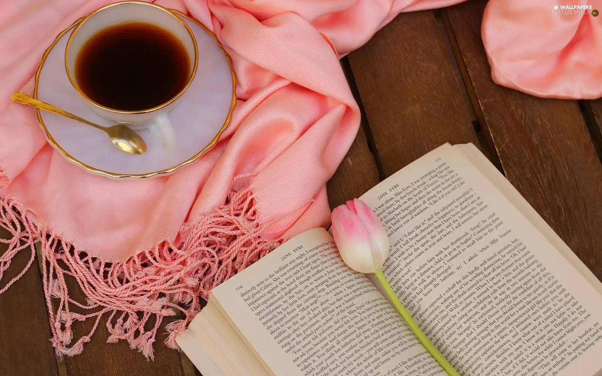 Scarf, coffee, tulip, Book, Colourfull Flowers, cup