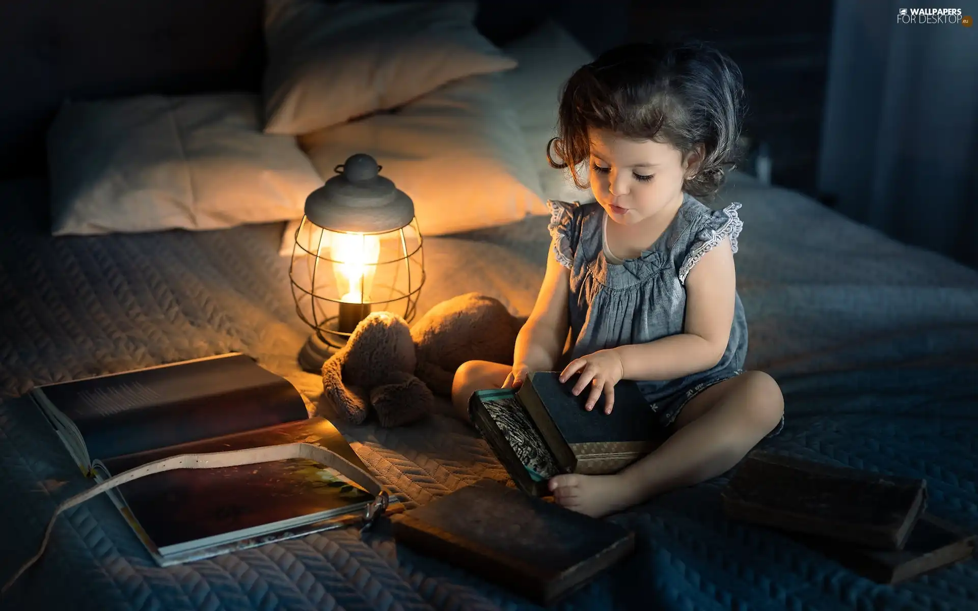 girl, Lamp, toy, Books