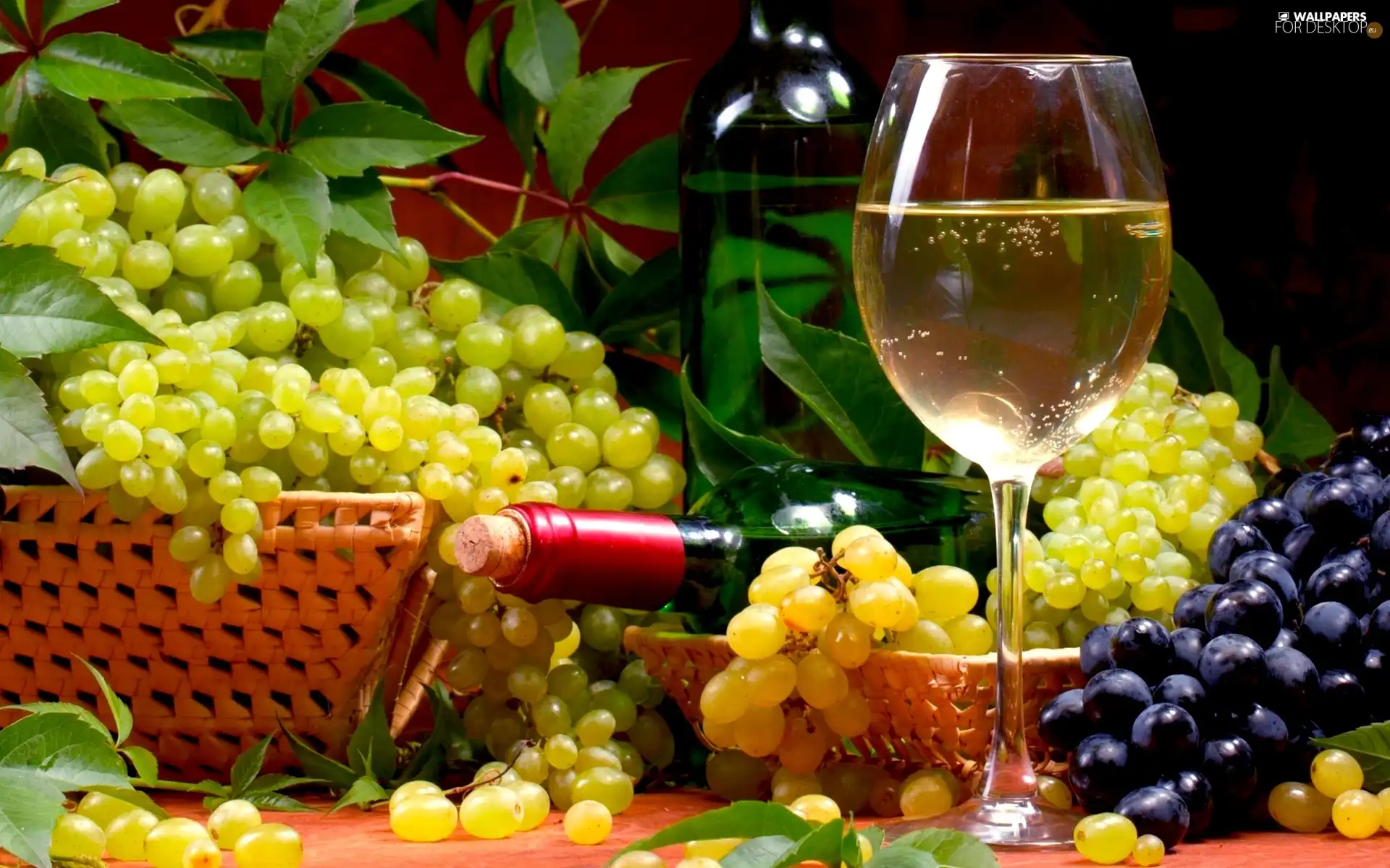 Bottle, Wine, grapes, glass, bunches