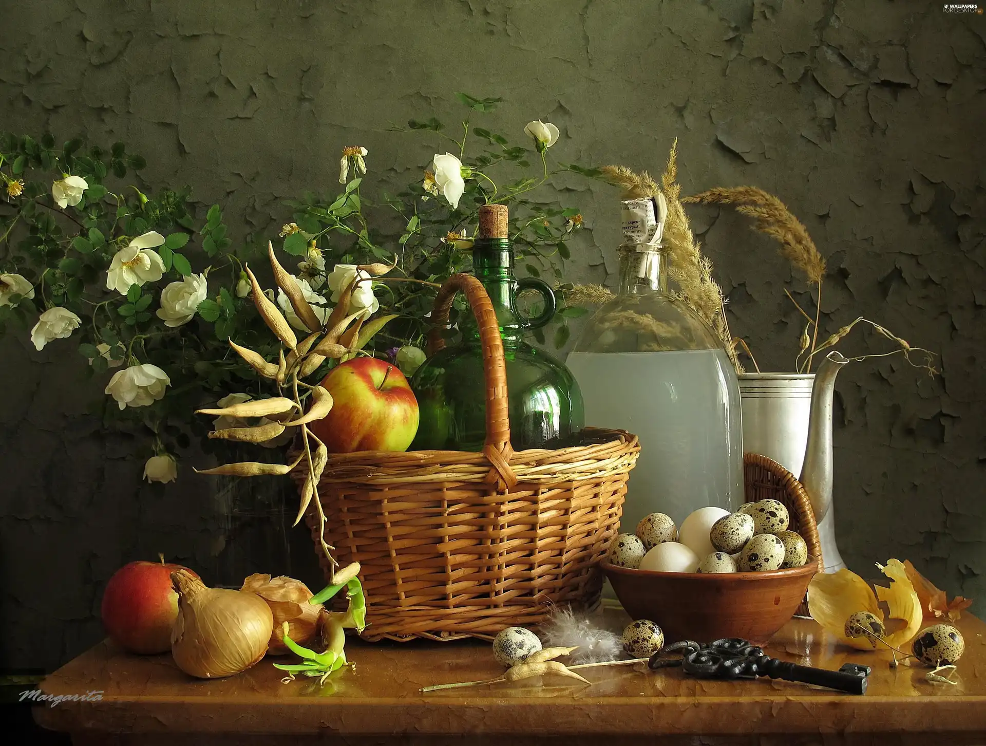 basket, quail, Bottles, Flowers, apples, eggs