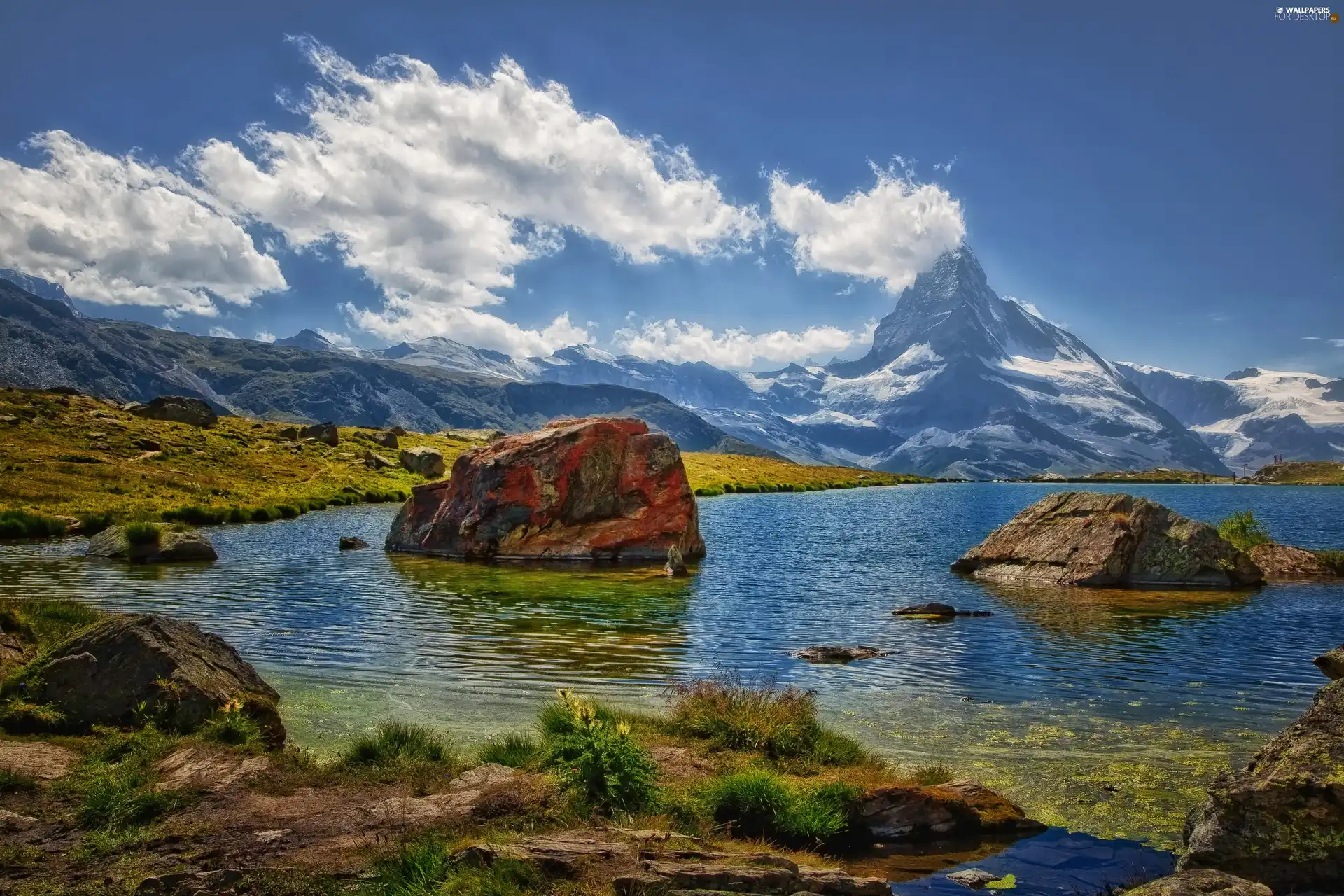 Matterhorn, Alps, boulders, VEGETATION, lake, mount