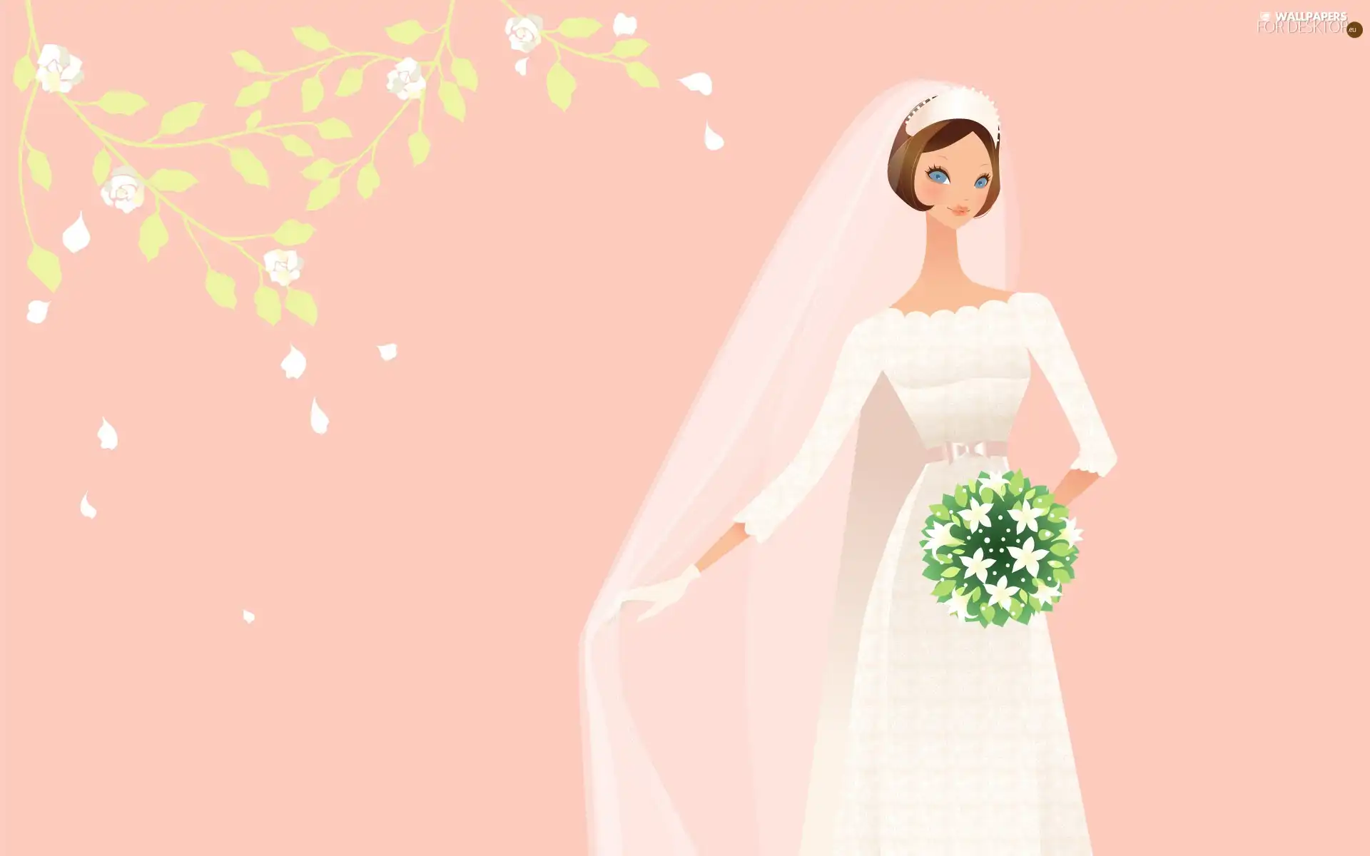 White, lady, bouquet, veil, Dress, young