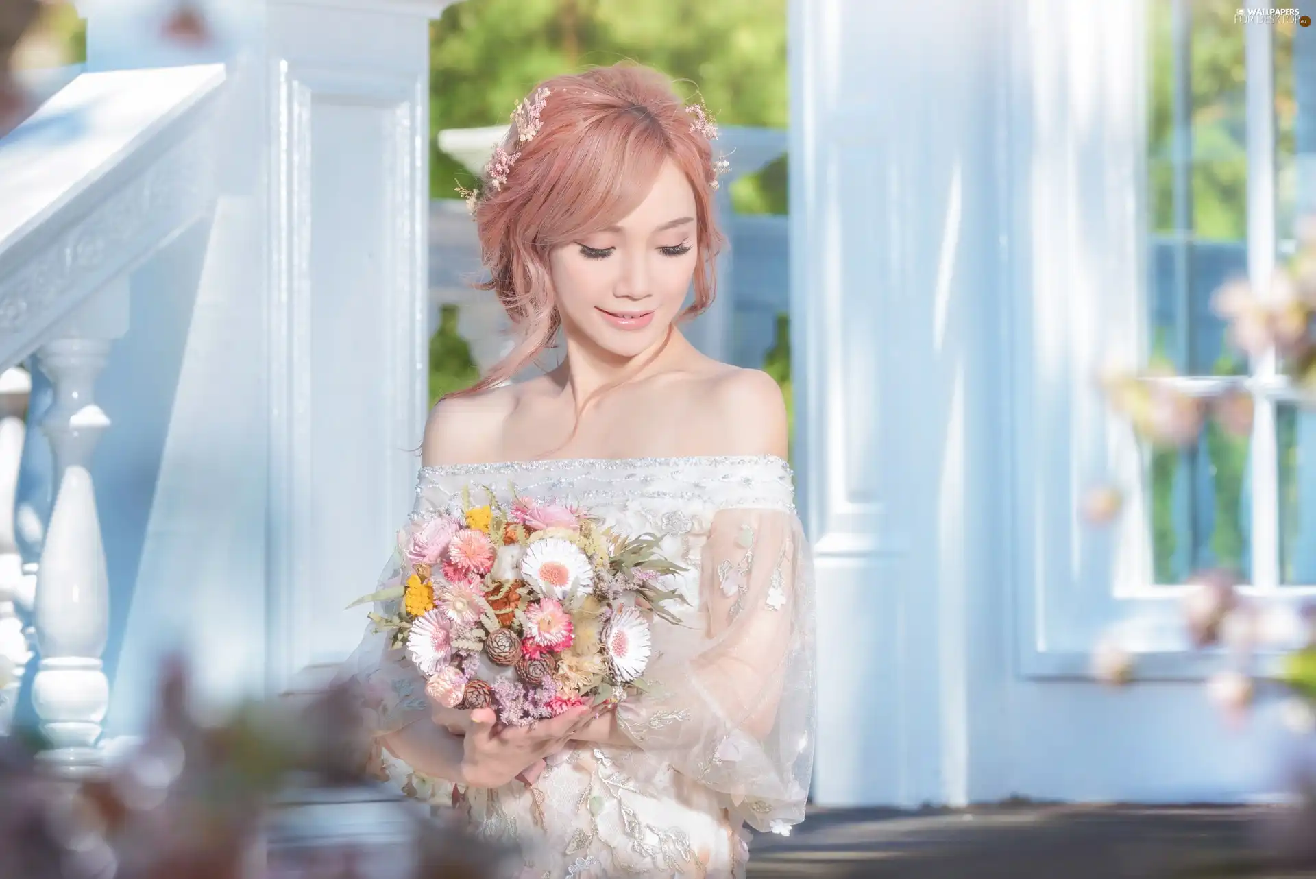 Women, bouquet, Windows, young lady