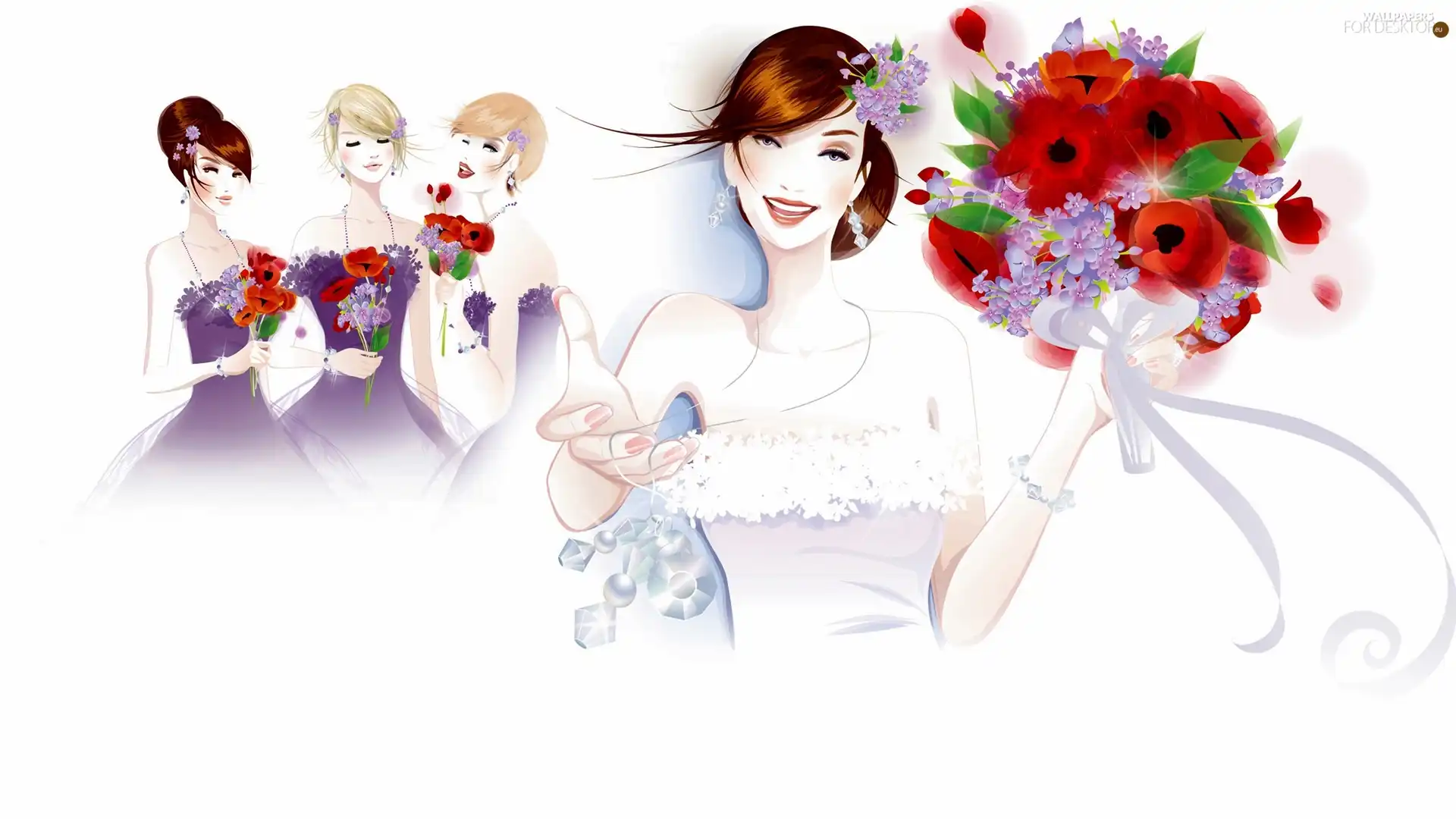 mode, 2D, Bridesmaids, Bouquets of Flowers, young lady