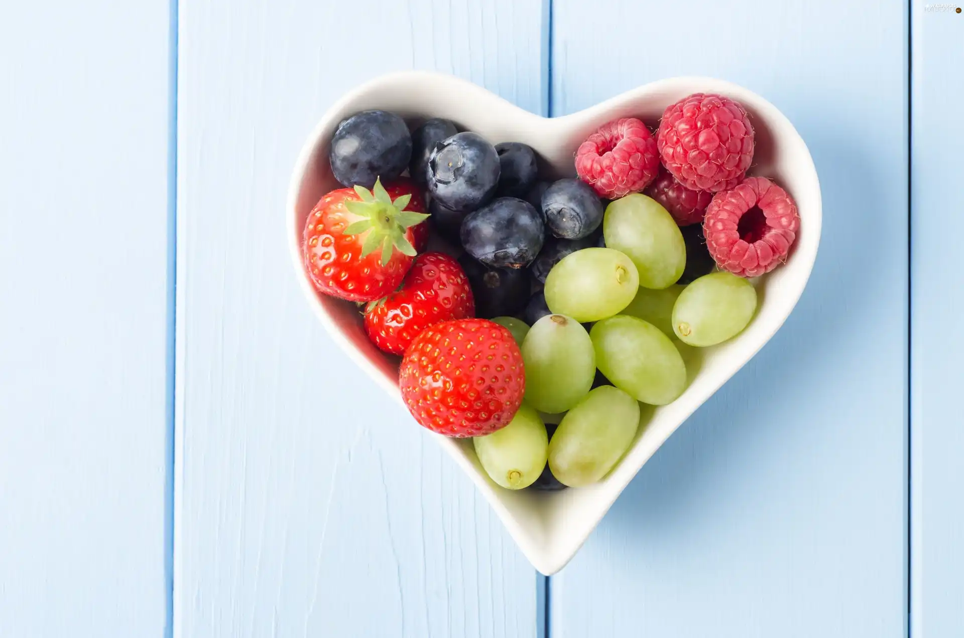 blueberries, strawberries, bowl, Heart, raspberries, Grapes