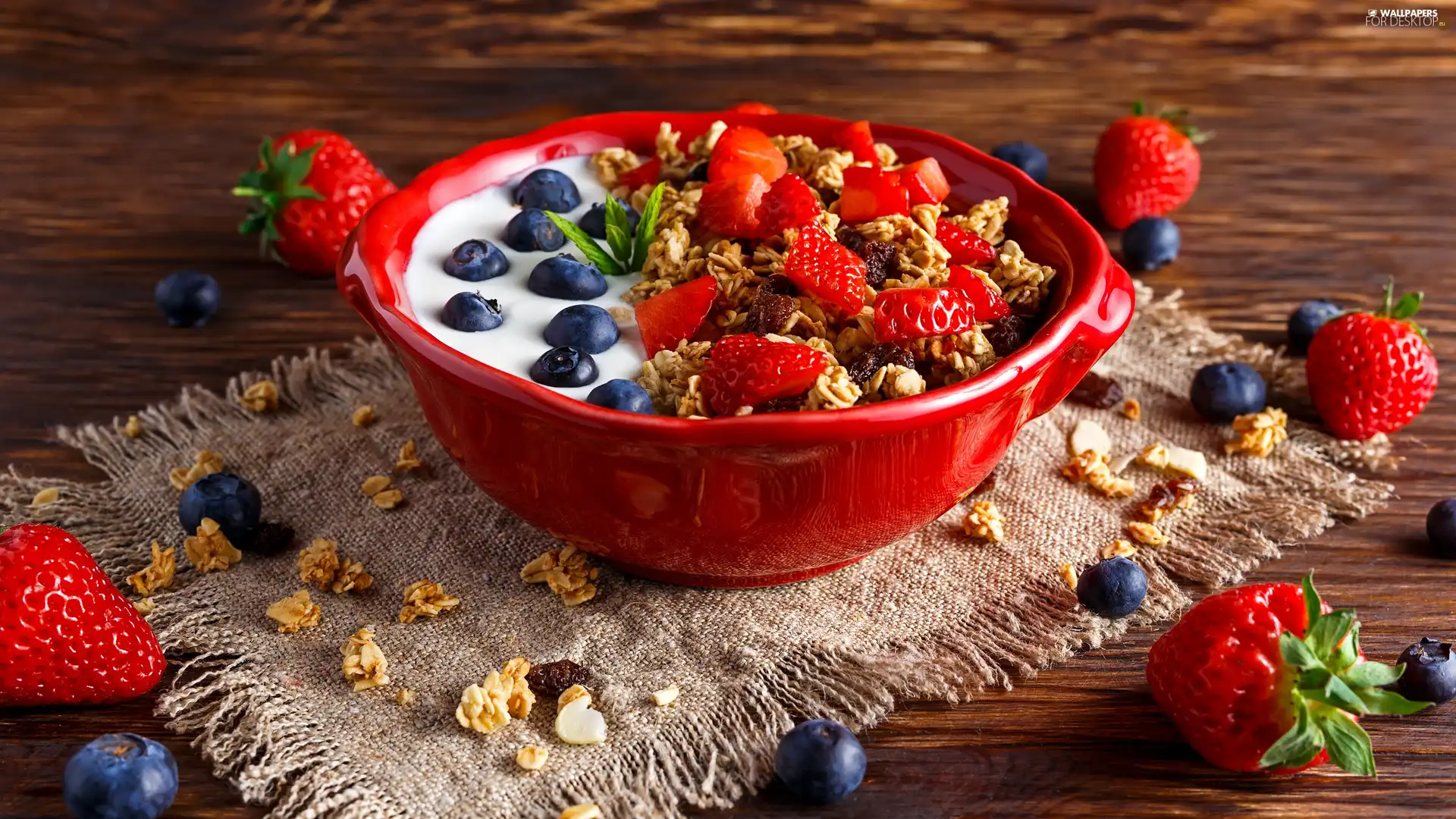 red hot, blueberries, flakes, strawberries, Fruits, bowl, yogurt