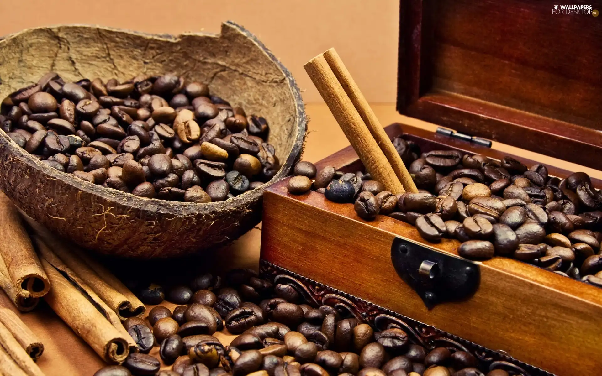 box, cinnamon, coffee, wood, grains