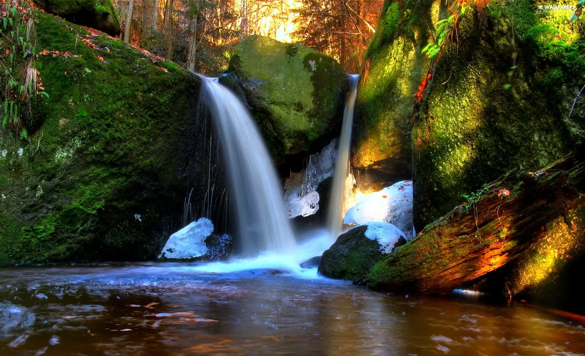 forest, waterfalls, light breaking through sky, boulders