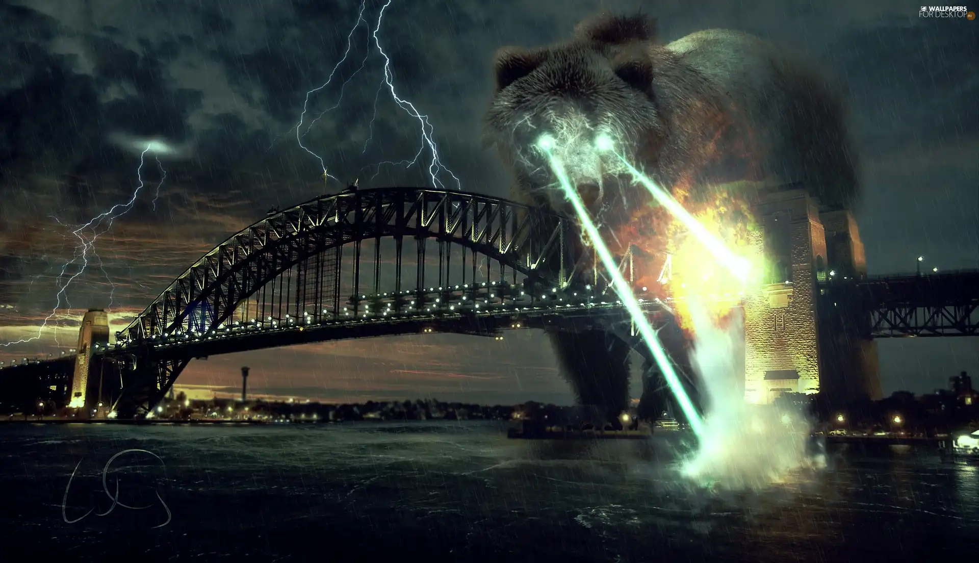 glowing, large, bridge, lightning, Eyes, Bear