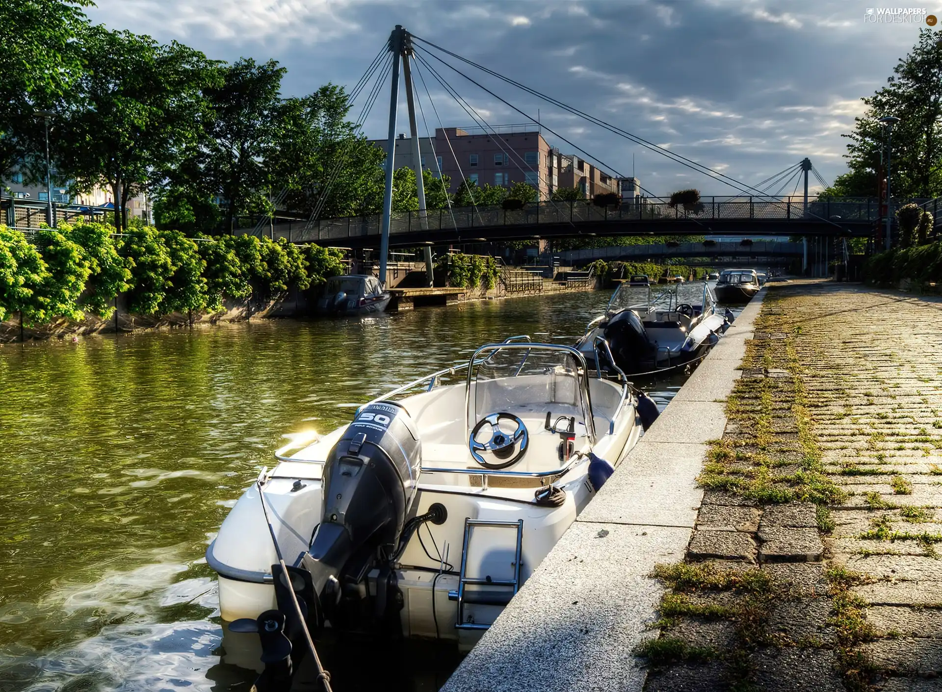 bridge, River, motorboat