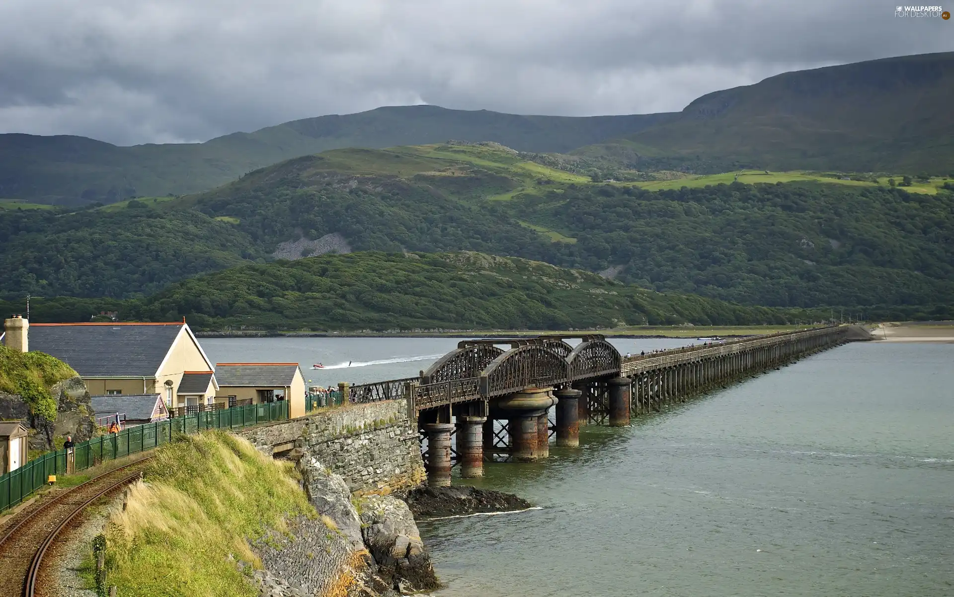 River, Mountains, bridge, railway, Houses, woods