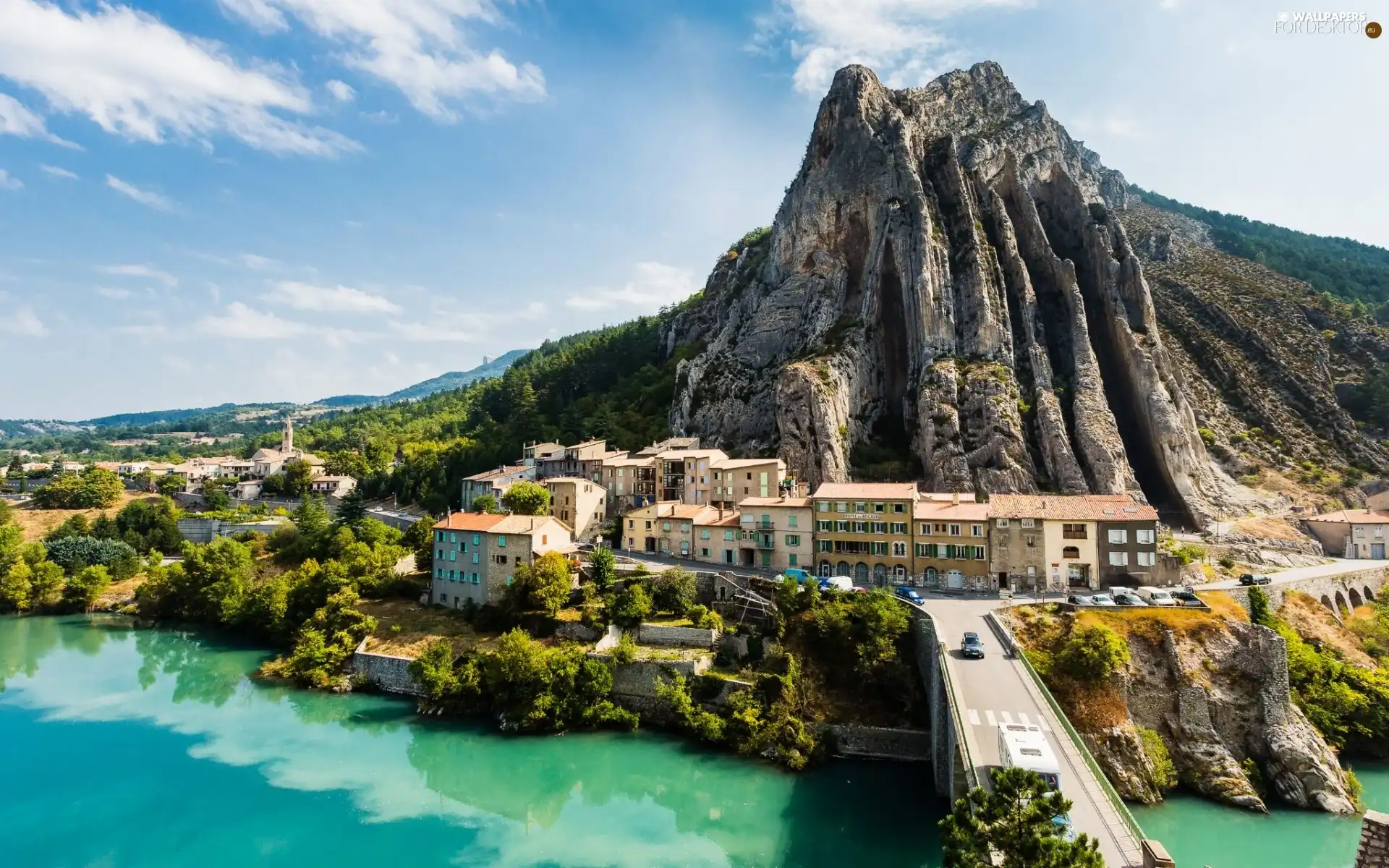 mountains, Sisteron, bridge, River, Houses, France