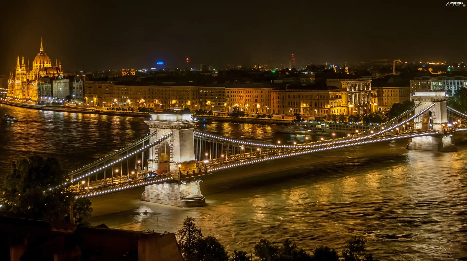 Town, Hungary, bridge, River, Night, Budapest