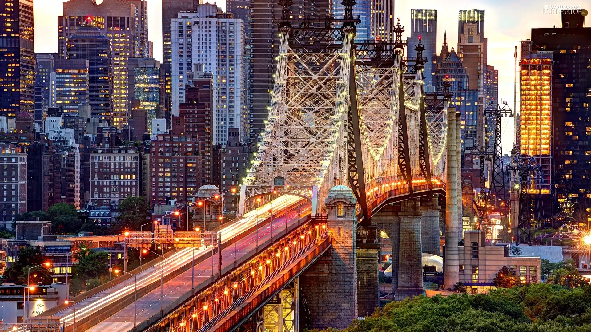 bridge, skyscrapers, USA, Floodlit, New York