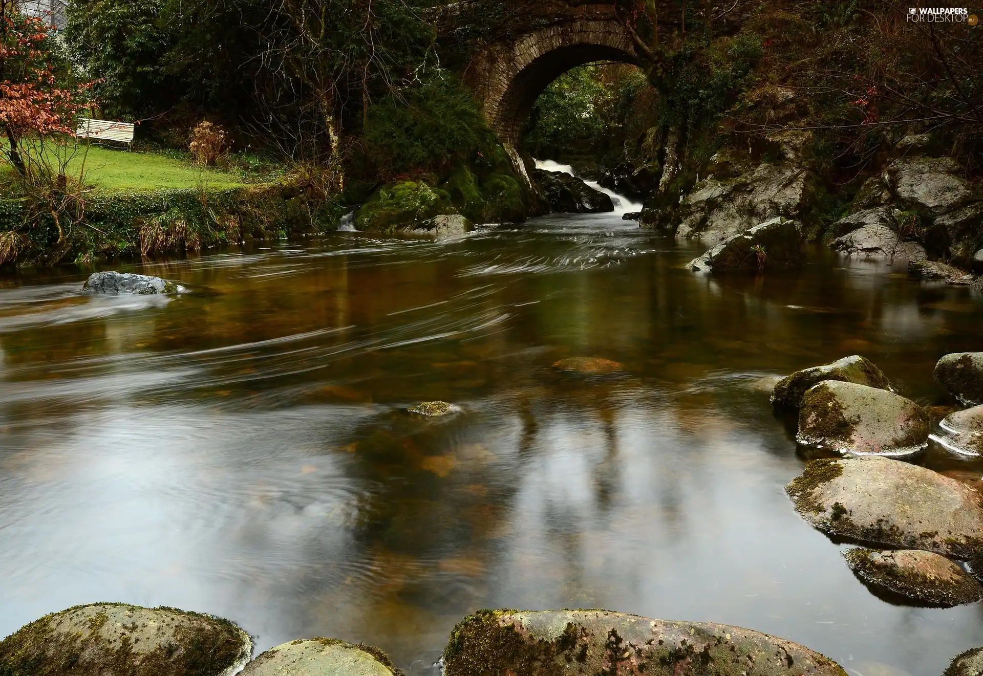 bridge, River, Stones