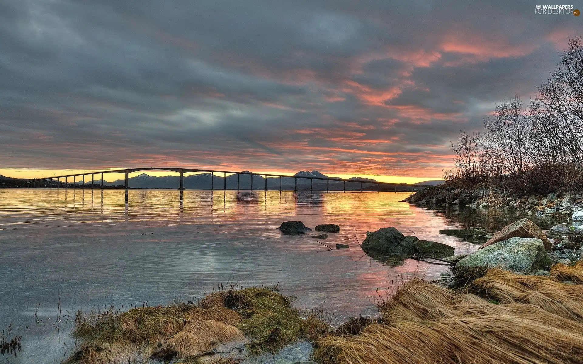 bridge, water, Sky, large, Clouds