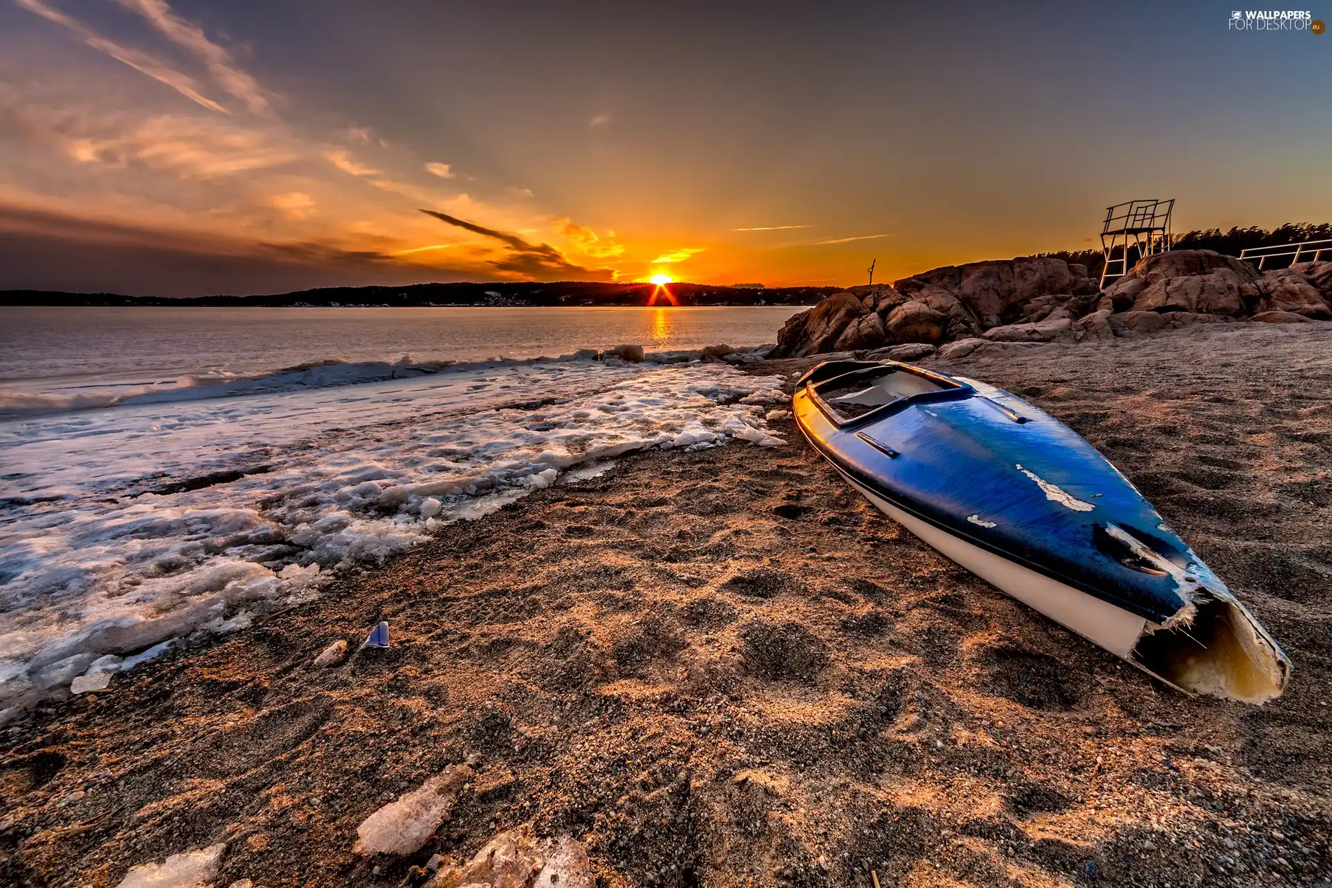 west, sea, Broken, Kayak, sun, Beaches