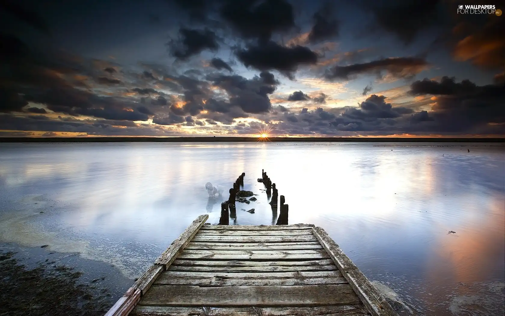 broken, Platform, Black, clouds, lake