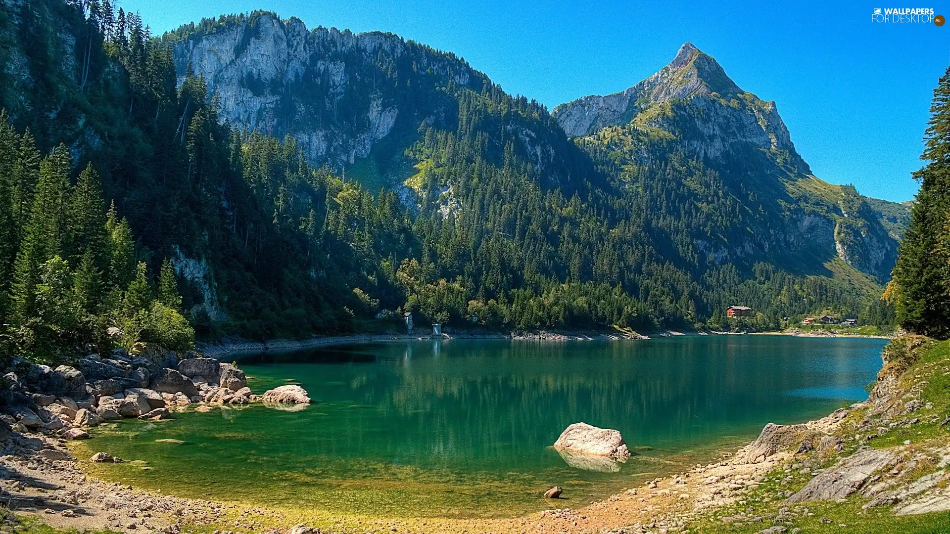 Mountains, lake, buildings, woods