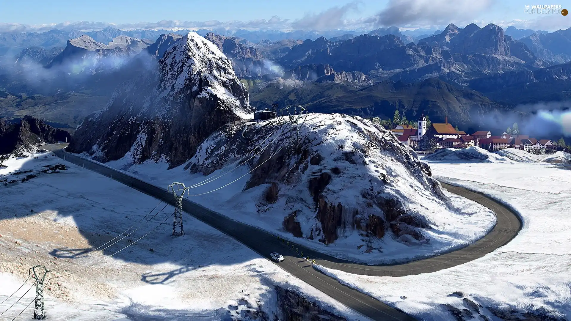 buildings, winter, Way, clouds, Mountains