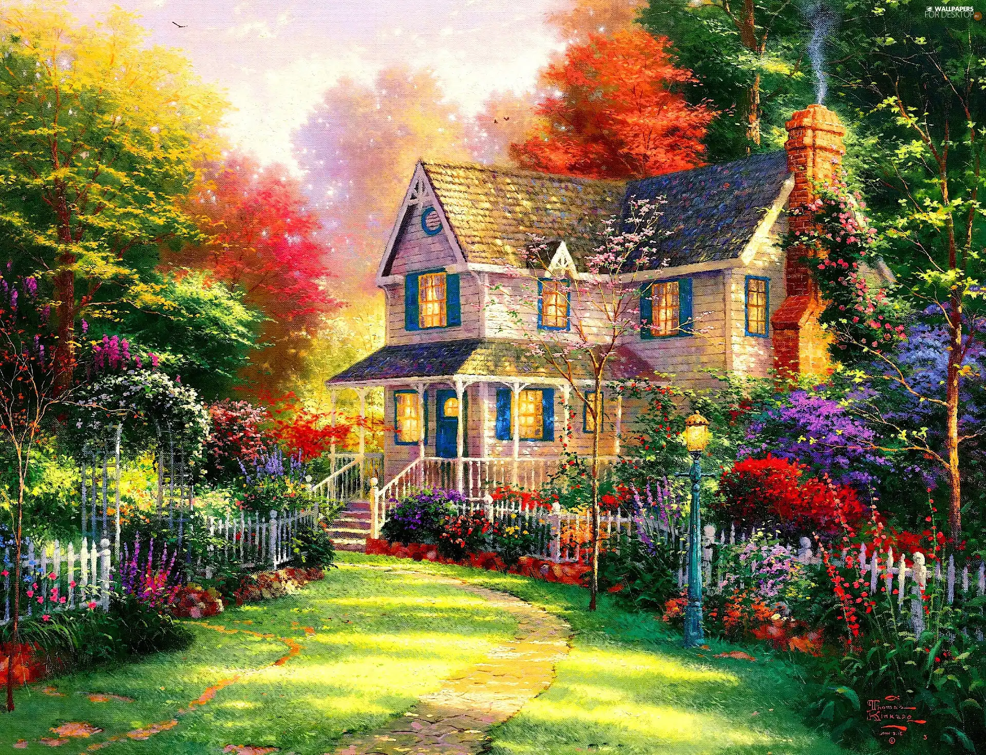 viewes, color, Flowers, trees, house, Bush, picture
