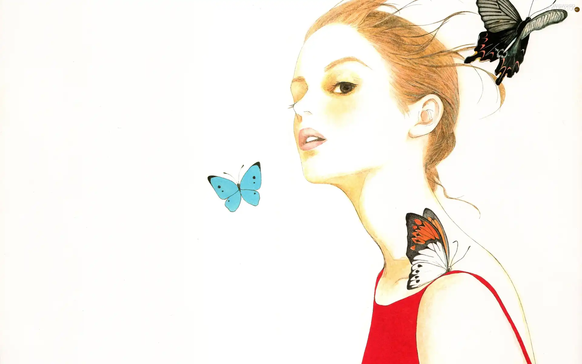 butterflies, Drawing, young, Women, redhead