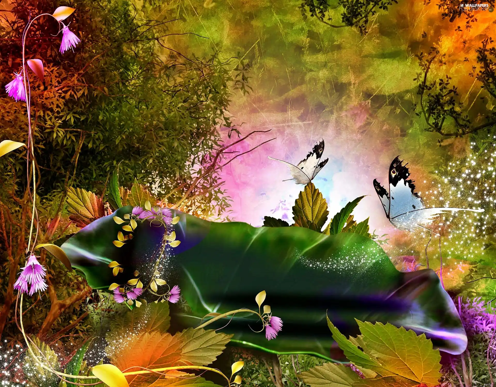 fantasy, Flowers, butterflies, forest